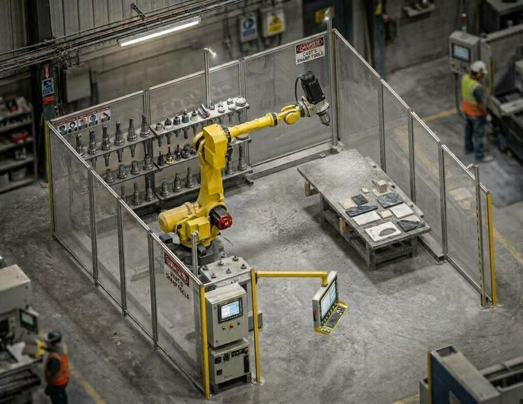 Robotska ćelija s industrijskim robotom i zaštitnom ogradom